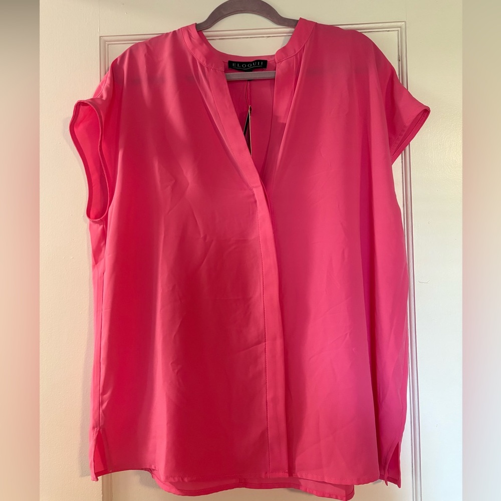 NWT ELOQUII Notch Collar Blouse in Bright Pink